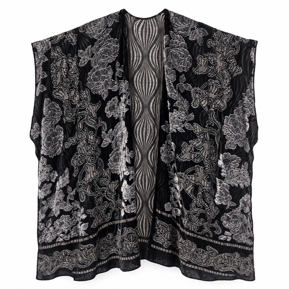 Catherines Open Front Velvet Burnout Kimono Whimsigoth Boho OS Black Silver